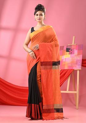 Orange Solid Cotton Blend Saree Set