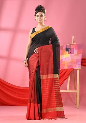 Black Solid Cotton Blend Saree Set