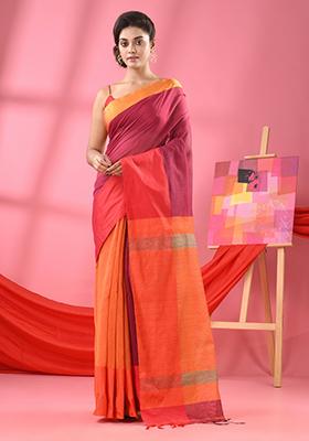 Magenta Purple Solid Cotton Blend Saree Set