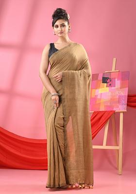 Beige Solid Cotton Saree Set