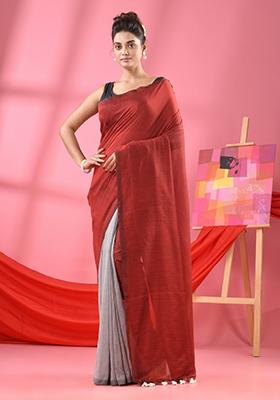 Red Solid Cotton Saree Set