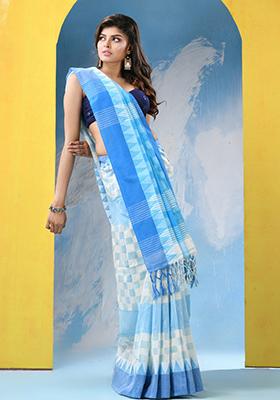 White Embroidered Cotton Saree Set