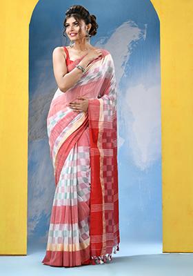 White Embroidered Cotton Saree Set