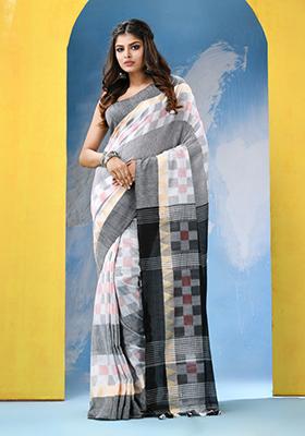 White Embroidered Cotton Saree Set