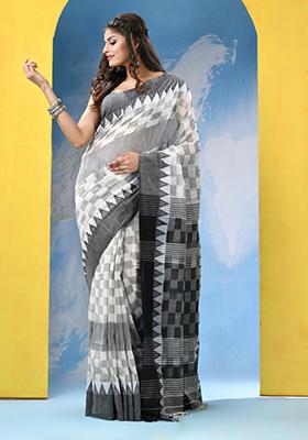 White Embroidered Cotton Saree Set