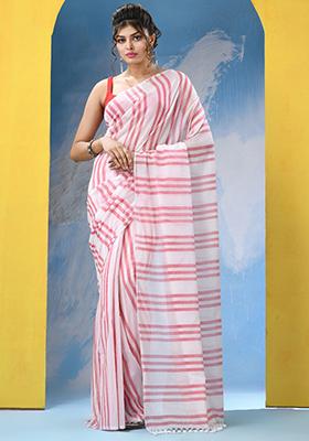 White Embroidered Cotton Saree Set