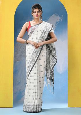 White Embroidered Cotton Saree Set