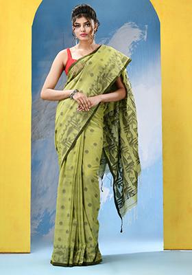 Olive Green Embroidered Cotton Saree Set