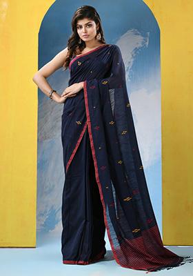 Blue Embroidered Cotton Saree Set