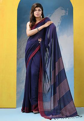 Blue Embroidered Cotton Saree Set