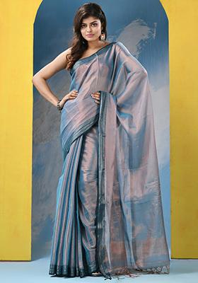 Turquoise Blue Embroidered Zari Cotton Saree Set