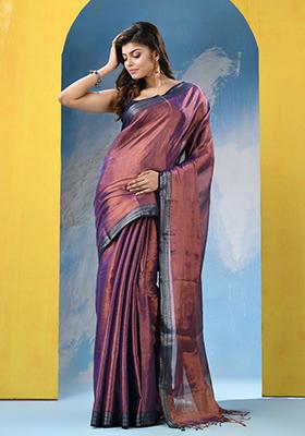 Purple Embroidered Zari Cotton Saree Set