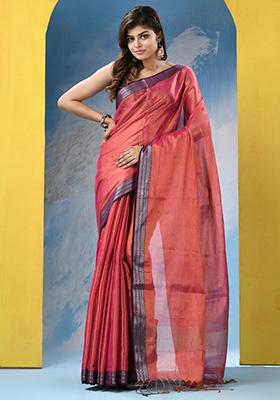 Pink Embroidered Zari Cotton Saree Set