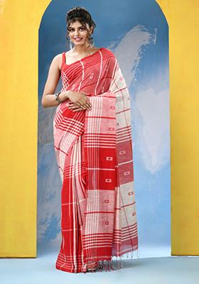 Off White Embroidered Cotton Saree Set