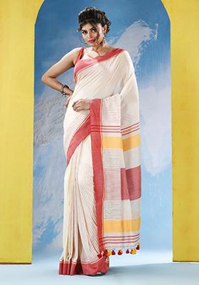 White Embroidered Cotton Saree Set