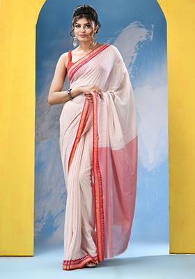 White Embroidered Cotton Saree Set