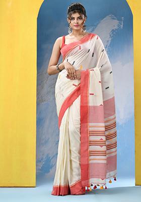 White Embroidered Cotton Saree Set