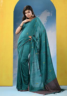 Teal Blue Embroidered Cotton Saree Set