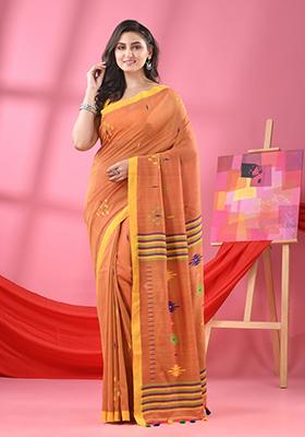 Rust Brown Embroidered Cotton Saree Set