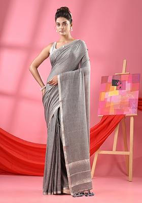 Grey Embroidered Cotton Saree Set