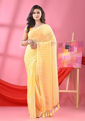Yellow Embroidered Cotton Saree Set