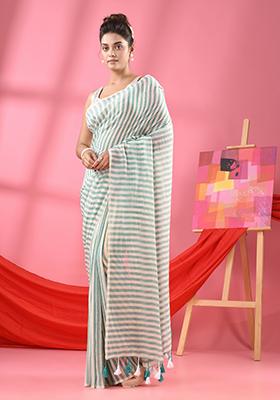 Turquoise Blue Embroidered Cotton Saree Set