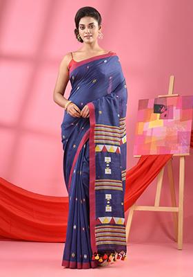 Blue Embroidered Cotton Saree Set