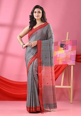 Grey Embroidered Cotton Saree Set