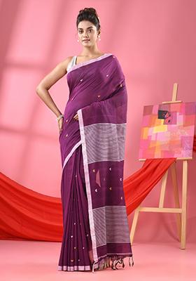 Purple Embroidered Cotton Saree Set
