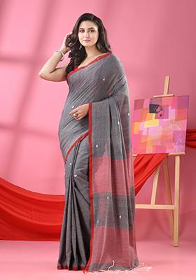 Grey Embroidered Cotton Saree Set