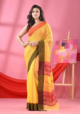 Yellow Embroidered Cotton Blend Saree Set