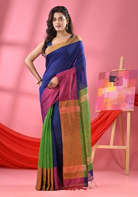 Blue Embroidered Cotton Blend Saree Set