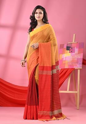 Mustard Yellow Embroidered Cotton Blend Saree Set