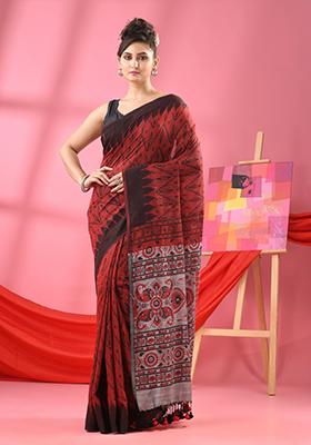 Maroon Printed Cotton Blend Saree Set