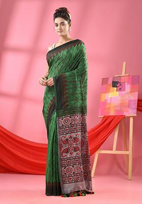 Green Printed Cotton Blend Saree Set