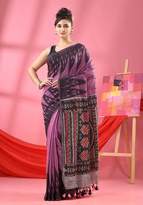 Purple Printed Cotton Blend Saree Set