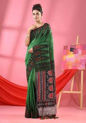 Green Printed Cotton Blend Saree Set