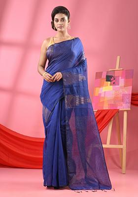 Blue Embroidered Cotton Blend Saree Set