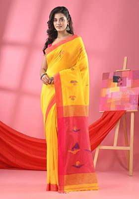 Yellow Embroidered Cotton Blend Saree Set