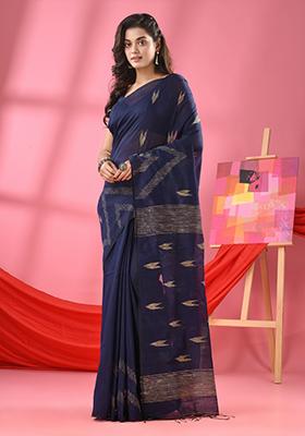 Navy Blue Embroidered Cotton Blend Saree Set