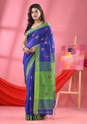 Blue Embroidered Cotton Blend Saree Set