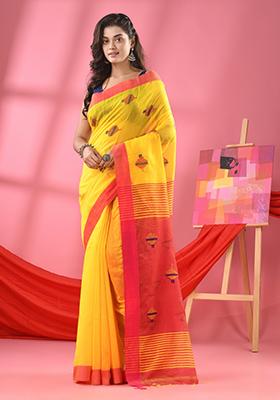 Yellow Embroidered Cotton Blend Saree Set