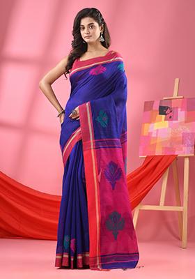 Blue Embroidered Cotton Blend Saree Set