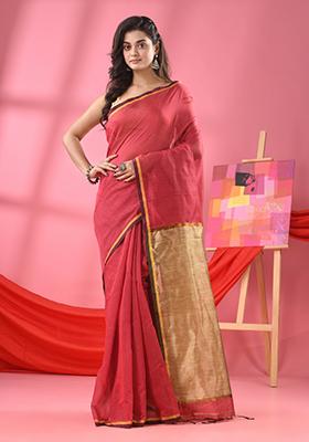 Peach Embroidered Cotton Blend Saree Set
