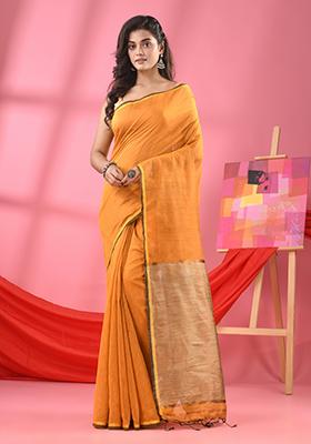 Yellow Embroidered Cotton Blend Saree Set