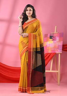 Yellow Embroidered Cotton Blend Saree Set