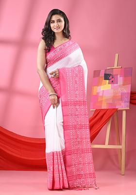 White Embroidered Cotton Saree Set