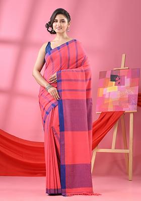 Peach Embroidered Cotton Saree Set