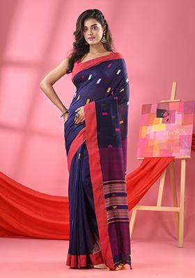 Navy Blue Embroidered Cotton Saree Set