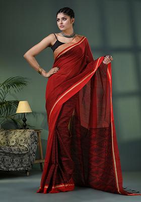 Red Solid Cotton Saree Set